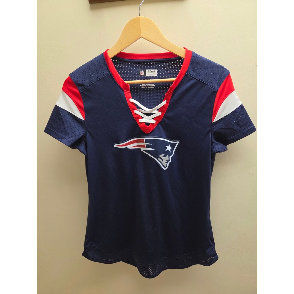 NFL Team Apparel New England Patriots Womens Lace Up V-Neck Jersey Shirt Navy S